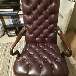 Queen Anne Style Leather, Wood & Brass Office Chair