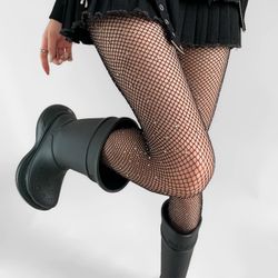 Rhinestone Glitter Fishnet Stockings，Sparkly Tights High Waist