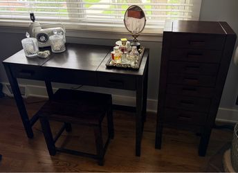 Vanity table, jewelry armoire and stool