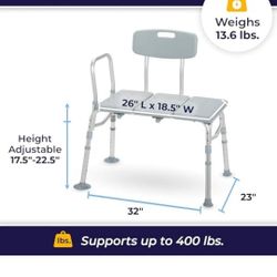 Tub Transfer Bench for Bathtub - Safer, Independent Bathing Aid - Height Adjustable Bench - Sturdy Aluminum Construction - Comfortable Backrest Suppor