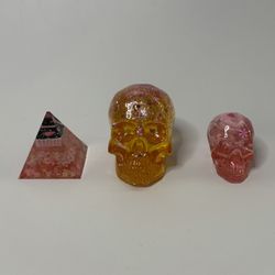 Pink Pony Club Resin Art Set – Yellow Glitter Skull, Mini Skull & Cascading Candy Sculpture – Handmade Epoxy Decor