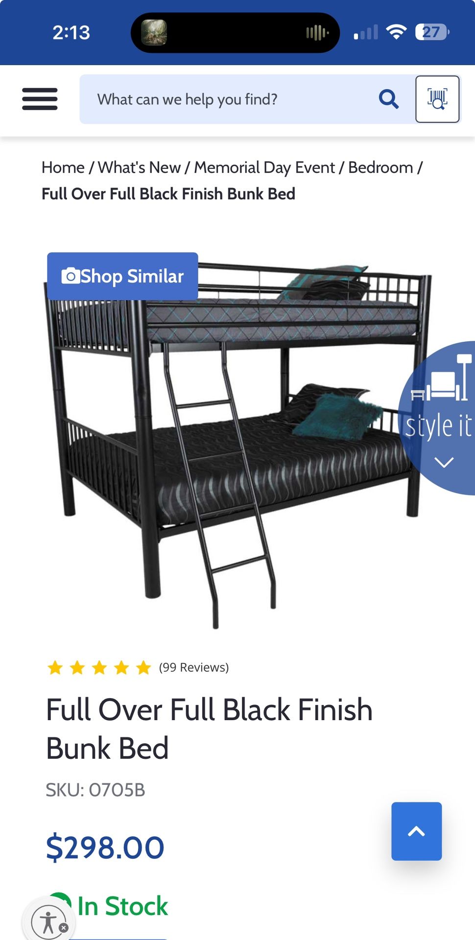 Full Over Full Black Finish Bunk Bed With Mattresses 