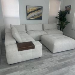 Sectional Cozi Modular Couch Off-White 4 Seater With Table Armrest & Ottoman