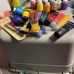 Assorted Paints And Brushes, Most Full. Brushes Very Good Condition 