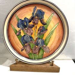 Vintage Lakshmi Design Gorgeous Purple Iris Motif Studio Pottery Art Plate 9.5” diameter  Lakshmi Design was on Orcas Island - Hand thrown by Carol O'