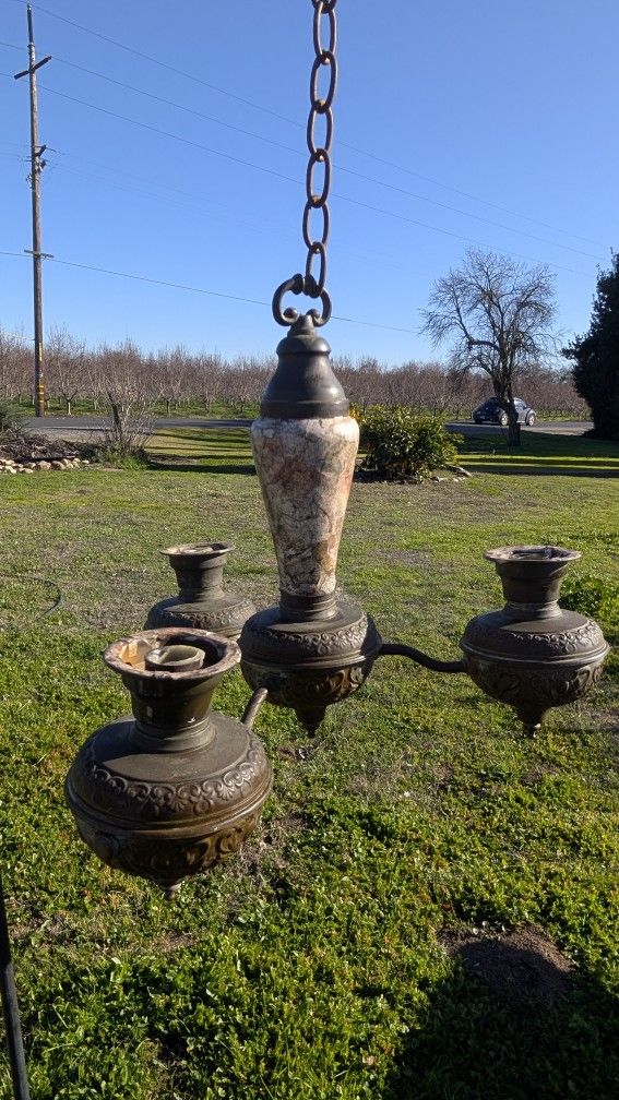 Antique 3-Light Hanging Lamp with Brass Candle Holders Vintage Light Fixture