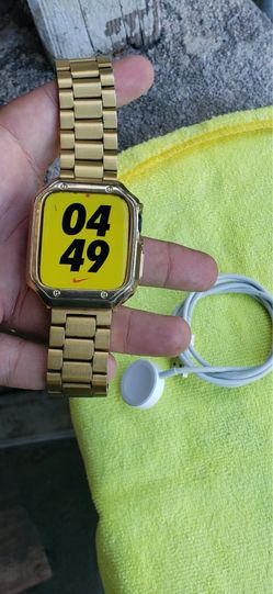 All Gold Custom. Used Like New Iwatch apple watch 45mm Big Face Nike Edition 64GB LTE 4G with Brand New Charger. IOS 26.03 $230! Firm. Cash & trade we