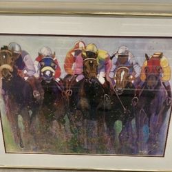 Framed Double Matted Equine Art by Yoel (Turf Racing - in France, Europe, Santa Anita Park?) 🖼️ Approx 35 X 1 X 28 * Small Hairline Glass Crack *
