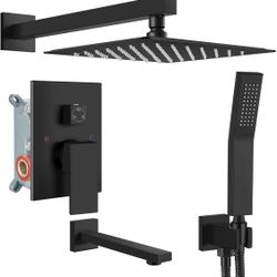 gotonovo Bathtub Shower Faucet Set, 10 Inch Shower Head, Matte Black Wall Mounted Shower System with Tub Spout for Bathroom, Square High Pressure Rain