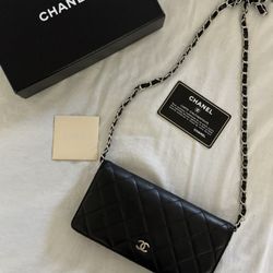 Authentic CHANEL Lambskin Matelasse  wallet  on chain crossbody bag