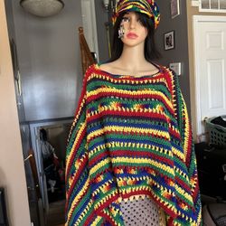 Handmade Crochet Poncho And Visor Hat