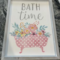 Bath Time Tub Floral Flower Bathroom Picture Print Decor - Gray Framed - 12.5” x 16.5”