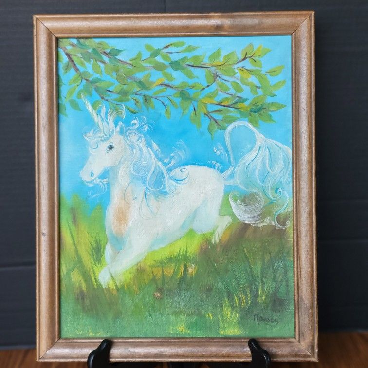 Vtg Original Oil Painting White Unicorn Flowing Hair 1984 Measures 12.5"x15.5"