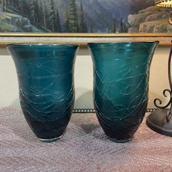 Pair Vintage Antique Threaded Wrapped Teal Art Glass Vase 12”