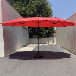 (New in Box) $130 Large 15x9 FT Double Sided Umbrella with Weight Base set (Red/Gray color) 