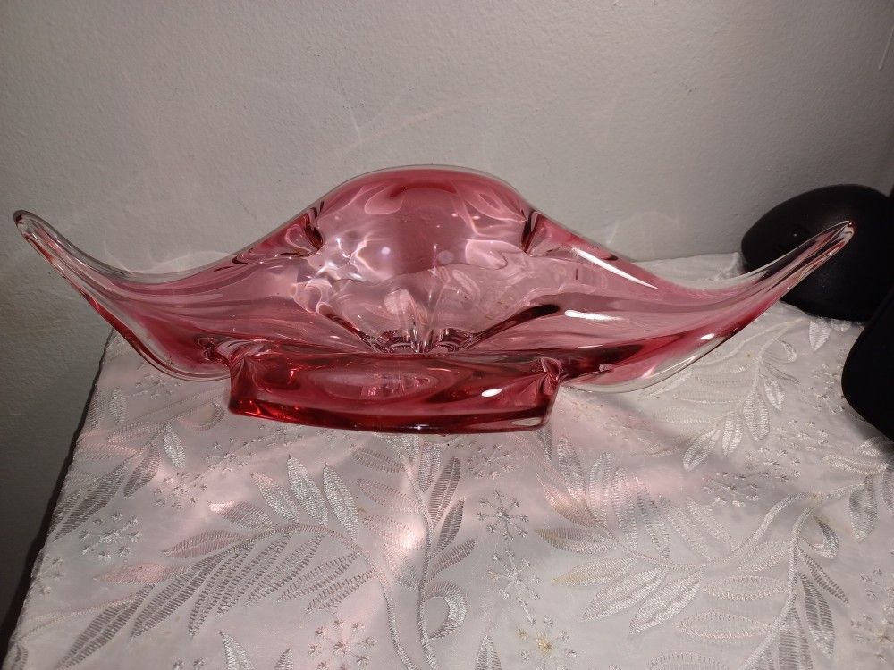 HEAVY VINTAGE MURANO ART GLASS CENTER PIECE GONDOLA BOWL PINK CLEAR - Antiques