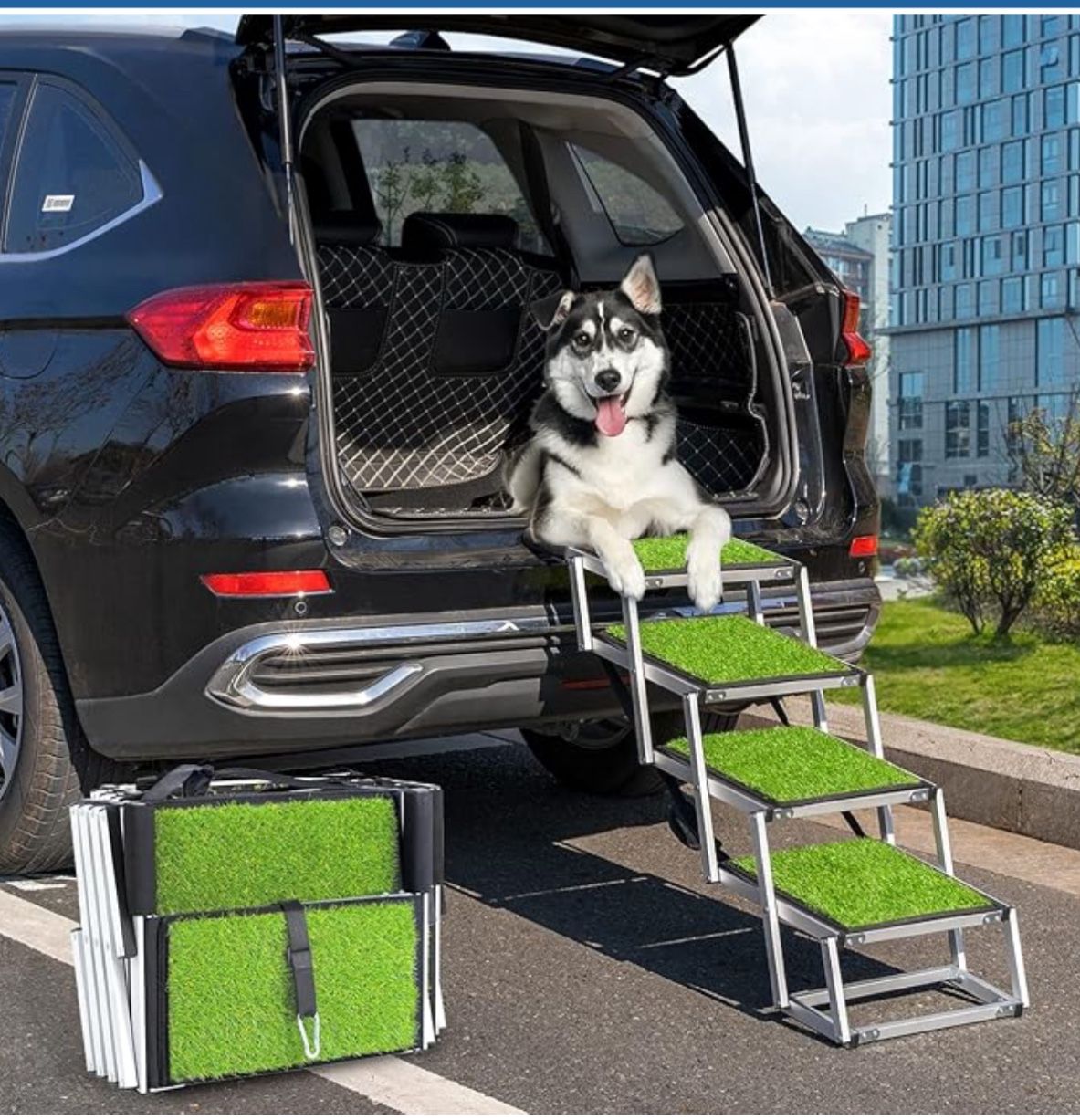 Dog Stairs for Large Dogs. Portable Dog Steps with Artificial Grass Surface,