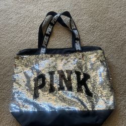 Victorias Secret PINK Tote Two Way Gold Silver Sequins Shopper Shoulder Bag