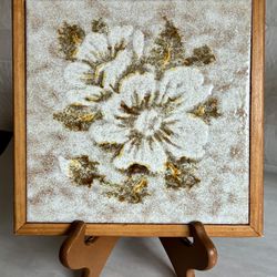 Vintage Wood Framed Floral Ceramic Tile Trivet