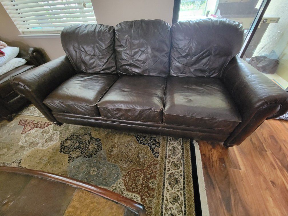 Leather Ottoman, Chair, & 3 Cushion Sofa