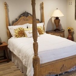 Queen French 4 post country bed +mattress frame quilts pillows sets