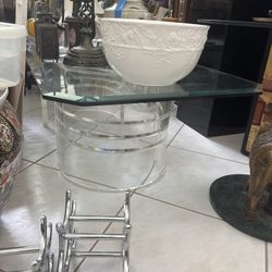 Vintage Mid Century Modern MCM Coffee Cocktail Table. Beveled Rectangular Glass Top. Lucite Base Can Be Adjusted.  Or Use The Base For End Tables.  