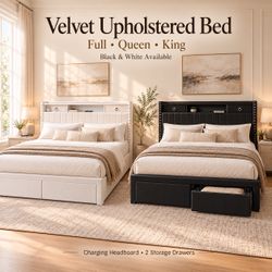 🤍🖤Luxury White /Black Velvet Upholstered Full Queen Size Bed Frame