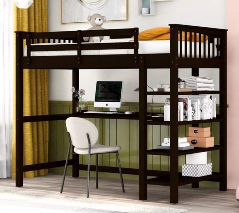 Twin Size Loft Bed Desk Bookcase Organizer New NO MATTRESS 