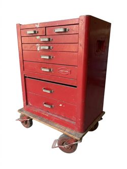 Large Red Metal Tool Chest on Rolling Dolly – Multi‑Drawer Storage