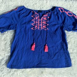 ✨ STUNNING TALBOTS ROYAL BLUE TOP NEON PINK CORAL EMBROIDERED TASSELS SZ M BOHO✨