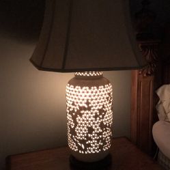 Mid Century Asian Cherry Blossom Reticulated Porcelain Lamp Vintage 