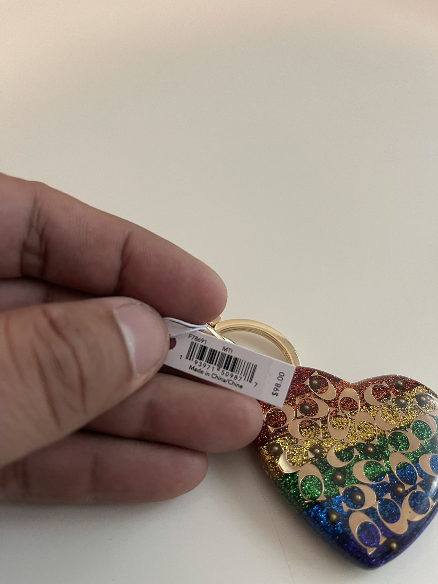 Coach Rainbow Pride Glitter Heart Charm Keychain Key Ring F78961 New With Tags