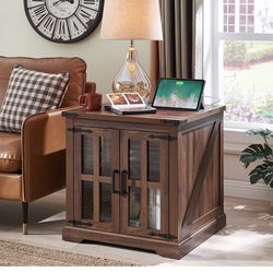 Barnyatoh Farmhouse End Table with Charging Station,24" Large Sofa Side Table with Glass Barn Door, Rustic Wood Nightstand Bedside Table with Adjustab