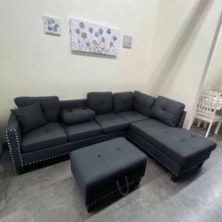 Charcoal Grey Sectional Sofa With Storage Ottoman 