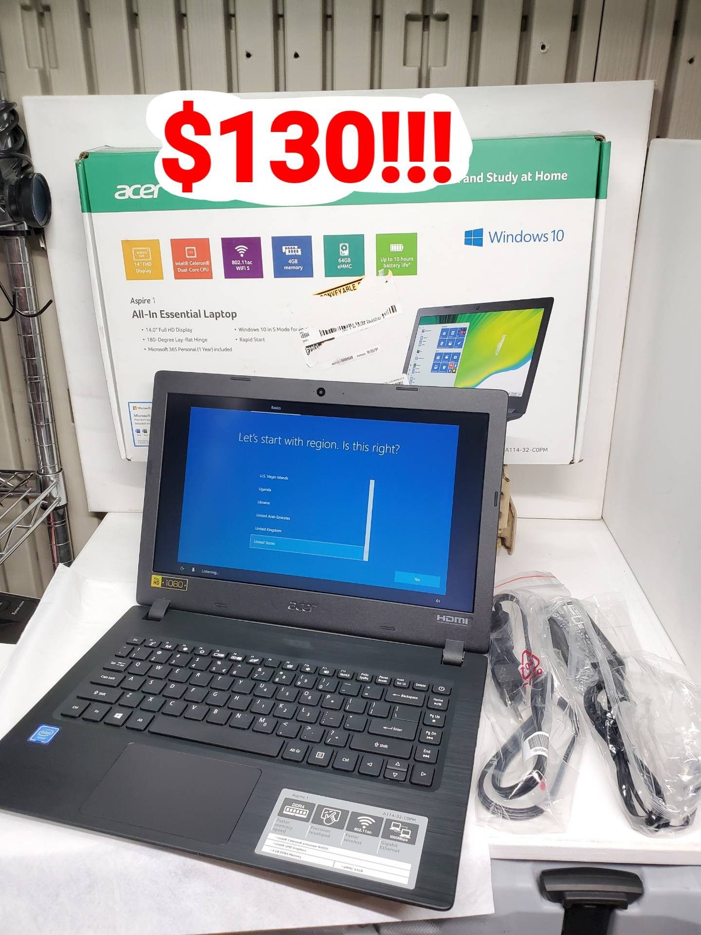 ***Holiday SPECIAL*** Acer Aspire 14" Windows 10 Home S Mode Laptop, 4gb ram, 64GB Storage, Full HD, Intel