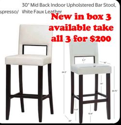 New in box  30" Mid Back Indoor Upholstered Bar Stools , set of 3 Espresso/ White Faux Leather $200 all 3 firm Cash only East Palmdale  off 47th &R8 A