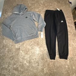 Adidas Kid Unisex Medium 2 Piece Set Charcoal Gray Grey Pullover Sweater Black Sweatpants 