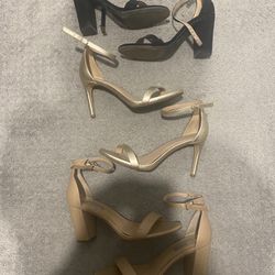Three (3) Pairs of Heels - Nude, Gold, Black 