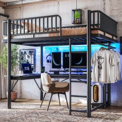 Evara Full Size Metal Loft Bed with L-Shaped Desk, LED and Charge Station
