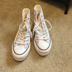 platform white with rainbow stitching converse