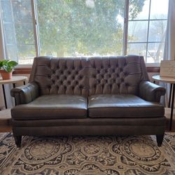 Vintage Mid Century Modern Leather Tufted Green Loveseat, Two-Seater Sofa