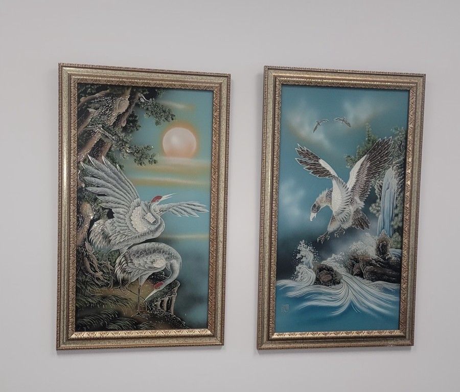 TWO CHINESE VINTAGE ART GLASS SILVER EAGLE AND CRANE 24X38" FRAMED 