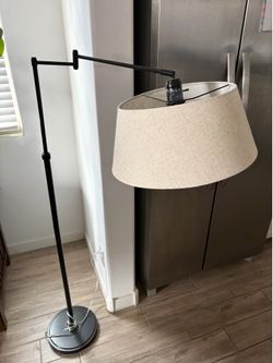 Black Swing Arm Floor Lamp with Linen Drum Shade