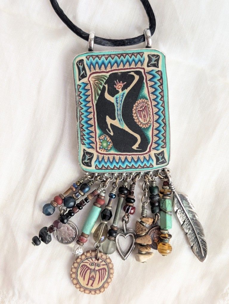 Vtg Southwestern Ceramic & Sterling Silver Beads Stones Charms Pendant Necklace