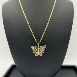 14k three tone gold butterfly pendant charm & Valentino link 20” chain Necklace 2.4mm 8 grams