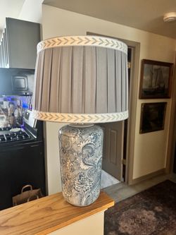 Blue Ceramic Lamp with Pleated Shade