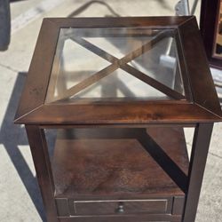 Glass-Top Wood End Table with
Drawer & Shelf - Dark Espresso Finish