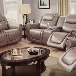 Grey Leather Three Piece Reclining Couch Set 