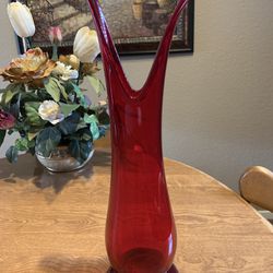 Beautiful Vintage Tall Ruby Red Glass Stretch Vase Fluted Art Glass Heavy Glassware 18in tall