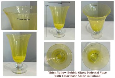 Thick Yellow Bubble Glass Pedestal Vase with Clear Base Made in Poland